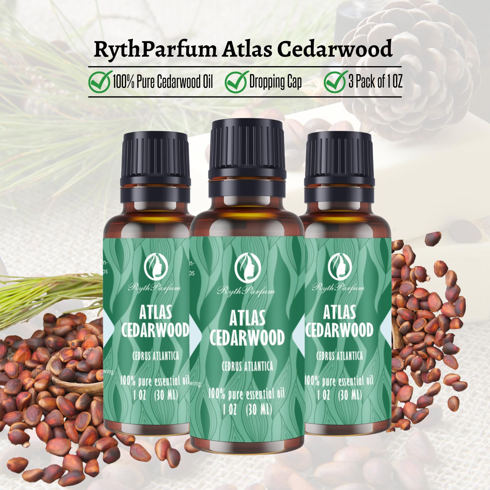 RythParfum Atlas Cedarwood Essential Oil with Dropper|100% Pure,Undiluted Natural Mint Oil for Diffuser,Humidifier,Aromatherapy (Pack of 3 oz)