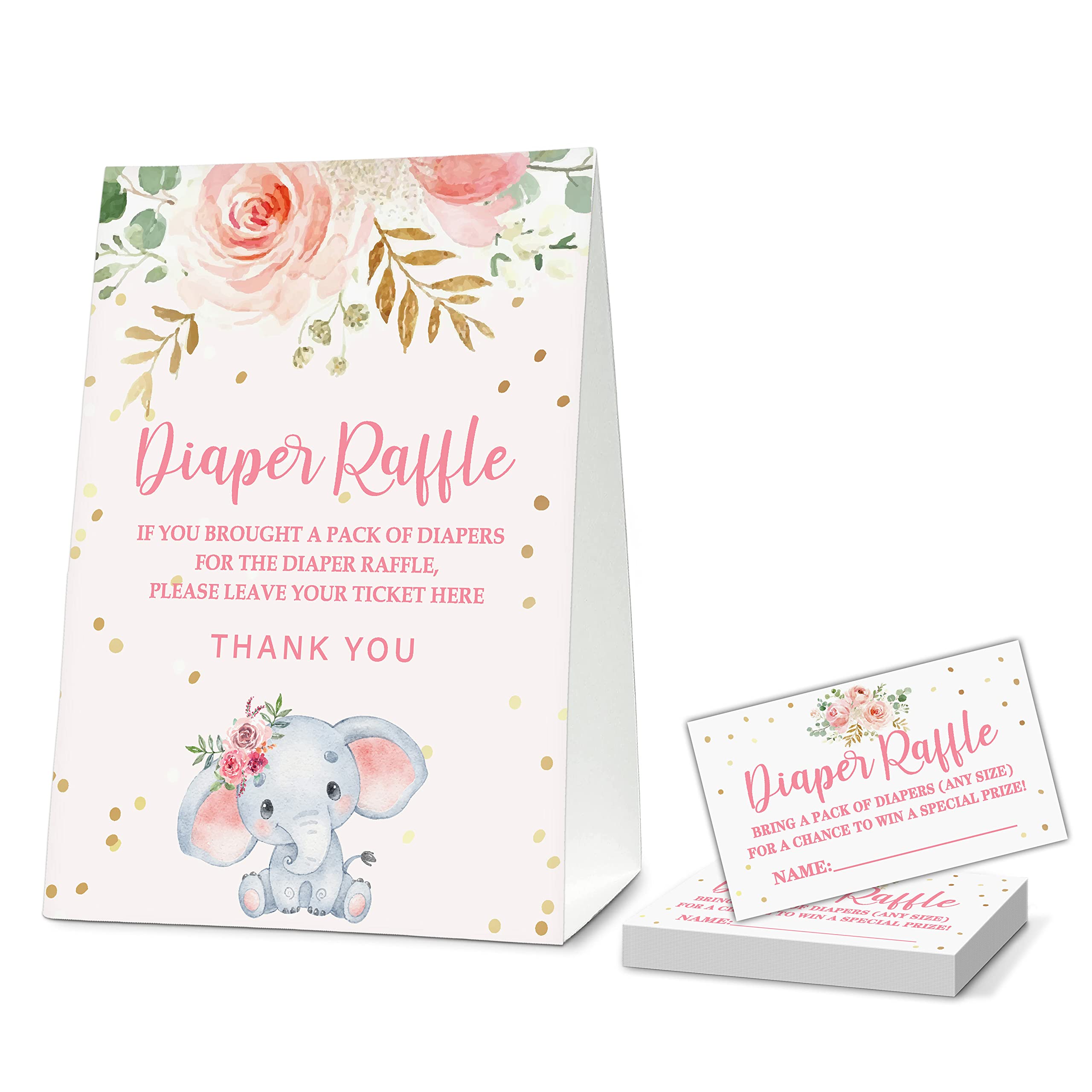 ONDTOM Pink Floral Elephant Baby Shower Party 5"x7" Self-Standing Diaper Raffle Sign With 50 Cards(2.1"x3.5"), Baby Gender Announce Party Decorations Supplies - diaper-H01