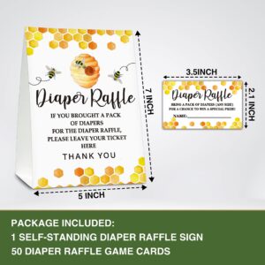 ONDTOM Bee Baby Shower Party Game Diaper Raffle Standing Sign With 50 Cards, Mommy To Bee Themed Card Honeycomb Bumble Bee Baby Shower Decor, Baby Gender Reveal Party Game(5"x7") - diaper-C01