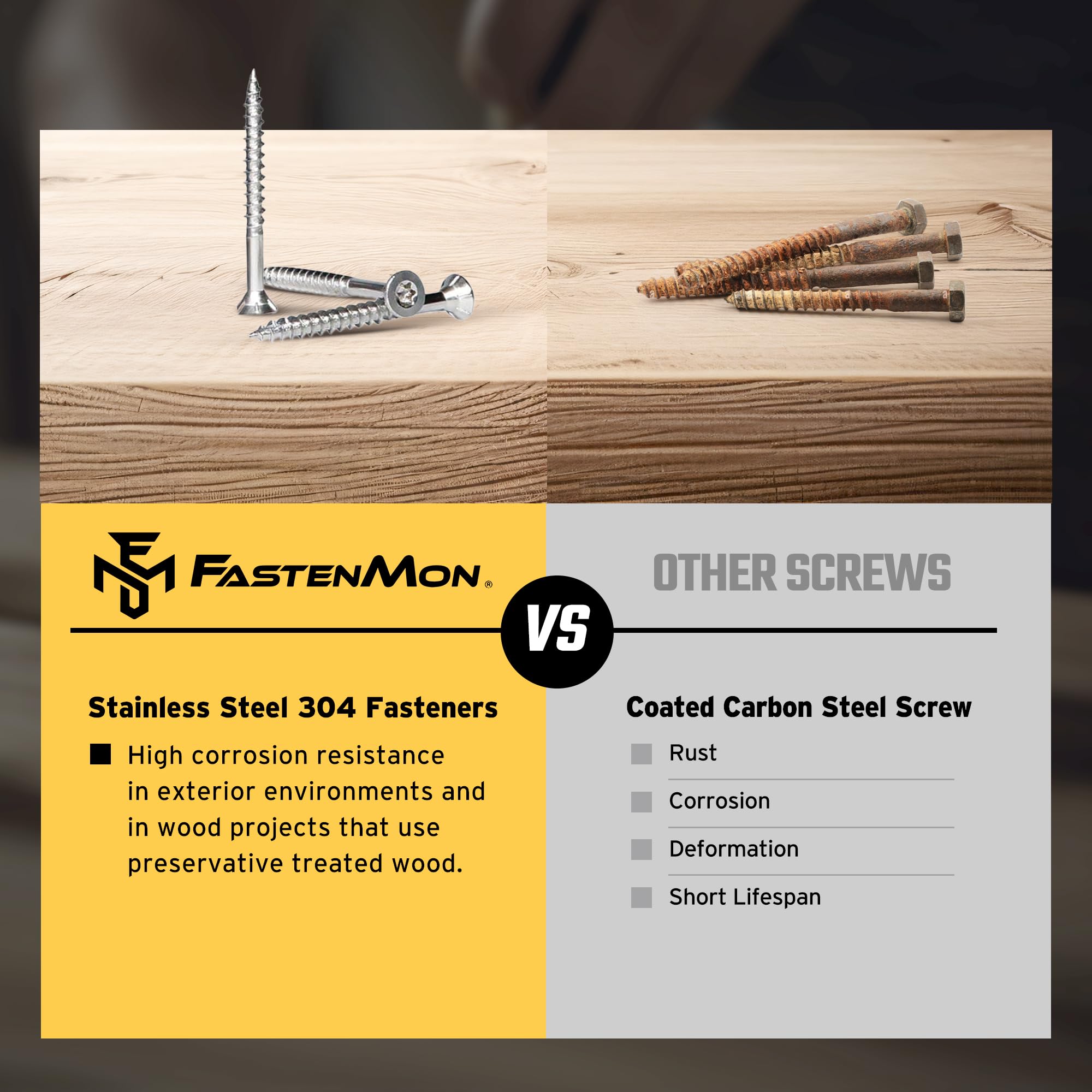 FM FastenMon #10 x 2-1/2" (300 PCS) Stainless Steel Deck Screws - 304 Grade with T25 Star Drive Bit - Ideal for Outdoor Wood Projects, Fences, Garden Bench, Picnic Table, and Decks - Bulk Box