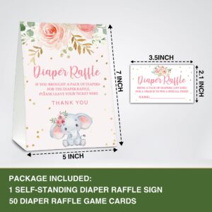 ONDTOM Pink Floral Elephant Baby Shower Party 5"x7" Self-Standing Diaper Raffle Sign With 50 Cards(2.1"x3.5"), Baby Gender Announce Party Decorations Supplies - diaper-H01