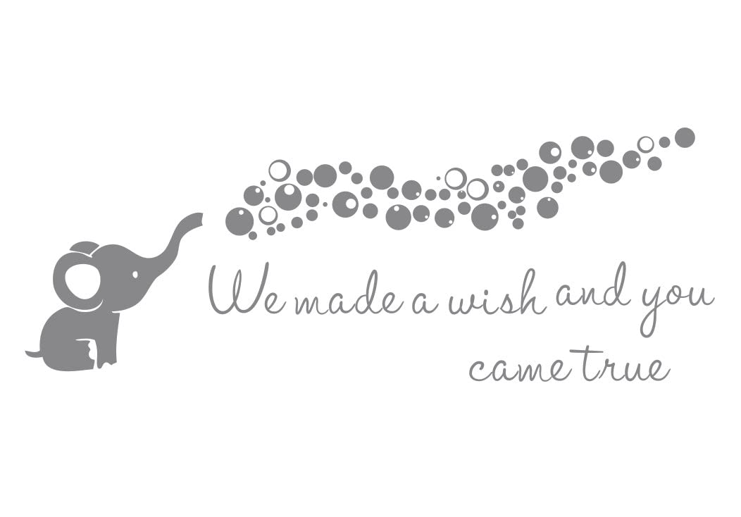 Home Nursery Room Wall Decor Sticker Baby Elephant Blowing Bubble Wall Sticker Vinyl Wall Decal Quotes We Made a Wish and You Came True Kids Bedroom Wall Mural AFN100 (Gray)