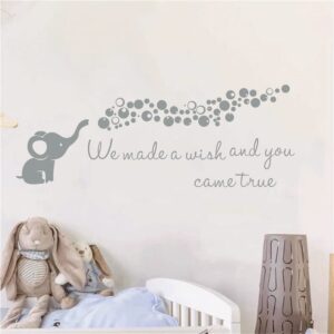 Home Nursery Room Wall Decor Sticker Baby Elephant Blowing Bubble Wall Sticker Vinyl Wall Decal Quotes We Made a Wish and You Came True Kids Bedroom Wall Mural AFN100 (Gray)