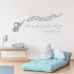 Home Nursery Room Wall Decor Sticker Baby Elephant Blowing Bubble Wall Sticker Vinyl Wall Decal Quotes We Made a Wish and You Came True Kids Bedroom Wall Mural AFN100 (Gray)