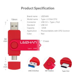 leizhan 32GB USB-C Flash Drive, Type-C USB Drive 3.0 for Samsung Galaxy Note10, S10,Note 9, S9, Note 8,S8,Google Pixel, Red