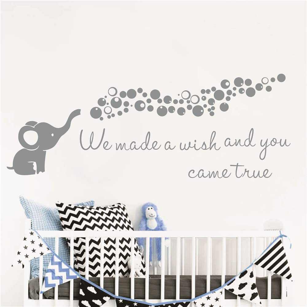 Home Nursery Room Wall Decor Sticker Baby Elephant Blowing Bubble Wall Sticker Vinyl Wall Decal Quotes We Made a Wish and You Came True Kids Bedroom Wall Mural AFN100 (Gray)