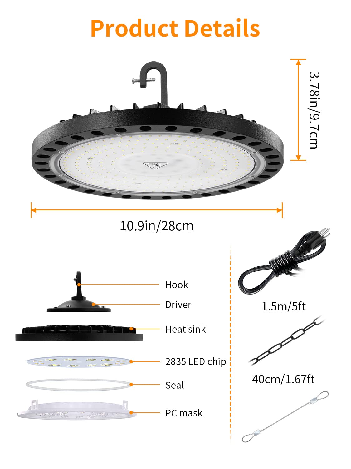 LED High Bay Light, 200W UFO LED High Bay Lights, 24000LM 5000K LED Shop Lights with US Plug 5' Cable Bay Lights, IP65 Warehouse Light, Area Light Bay Lighting for Shop Garage Warehouse Workshop(2)