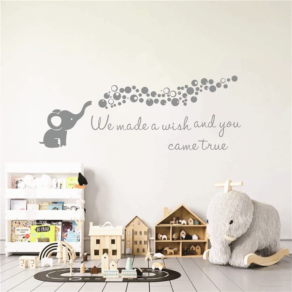 Home Nursery Room Wall Decor Sticker Baby Elephant Blowing Bubble Wall Sticker Vinyl Wall Decal Quotes We Made a Wish and You Came True Kids Bedroom Wall Mural AFN100 (Gray)