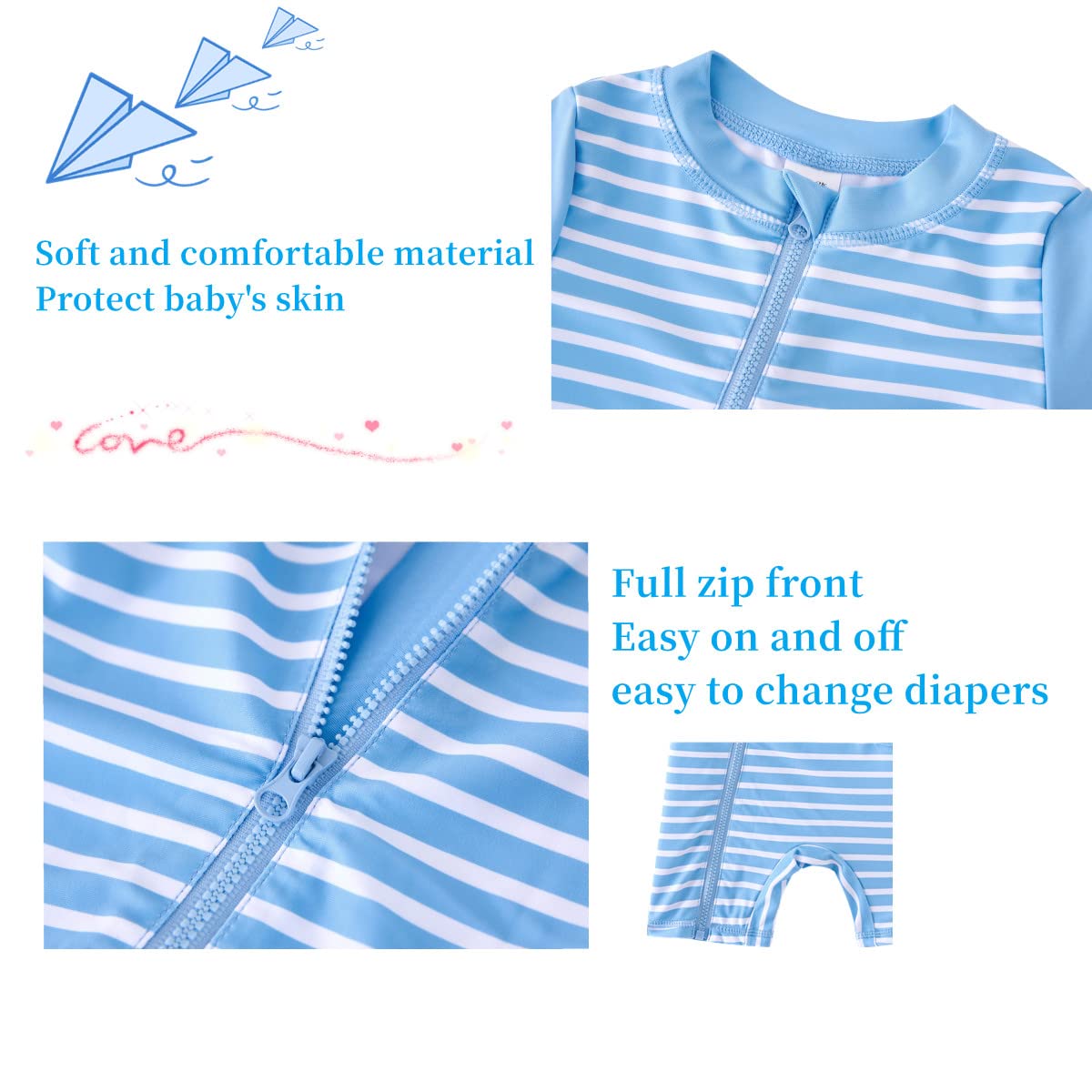 UMELOK Infant Swimwear Boy One Piece Full Zip with Long Sleeve UPF 50+ Sun Protection Swimsuit Sky Blue-Stripe,6M