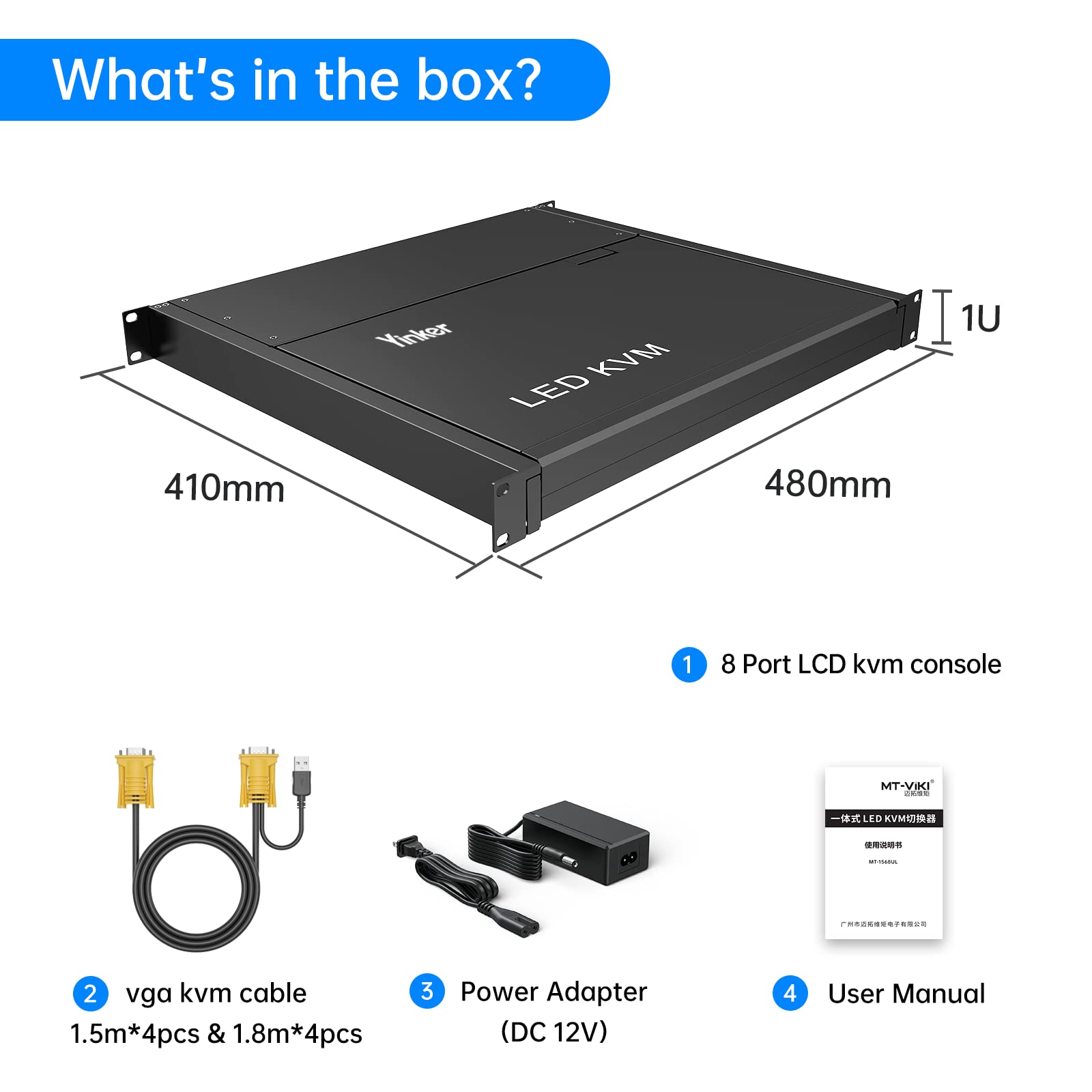 8 Port Rack Mount LCD KVM Console, Yinker VGA KVM Switch with 15.6 inch LCD Monitor, Fit 1U 19" Rack 600mm-deep Network Server Cabinet w/Keyboard Touchpad Drawer KVM Cables