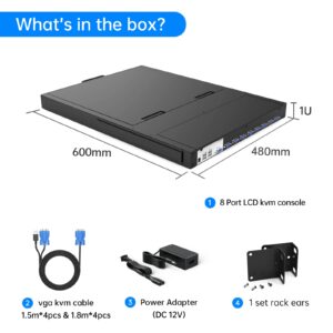 Yinker 8 Port VGA KVM Switch, 1U Rack Mount KVM with 19" LCD Monitor Keyboard Touchpad Drawer + KVM Cables, 1280x1024 LCD KVM Console for 19" Rack