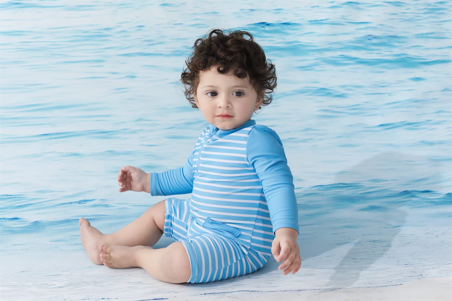 UMELOK Infant Swimwear Boy One Piece Full Zip with Long Sleeve UPF 50+ Sun Protection Swimsuit Sky Blue-Stripe,6M