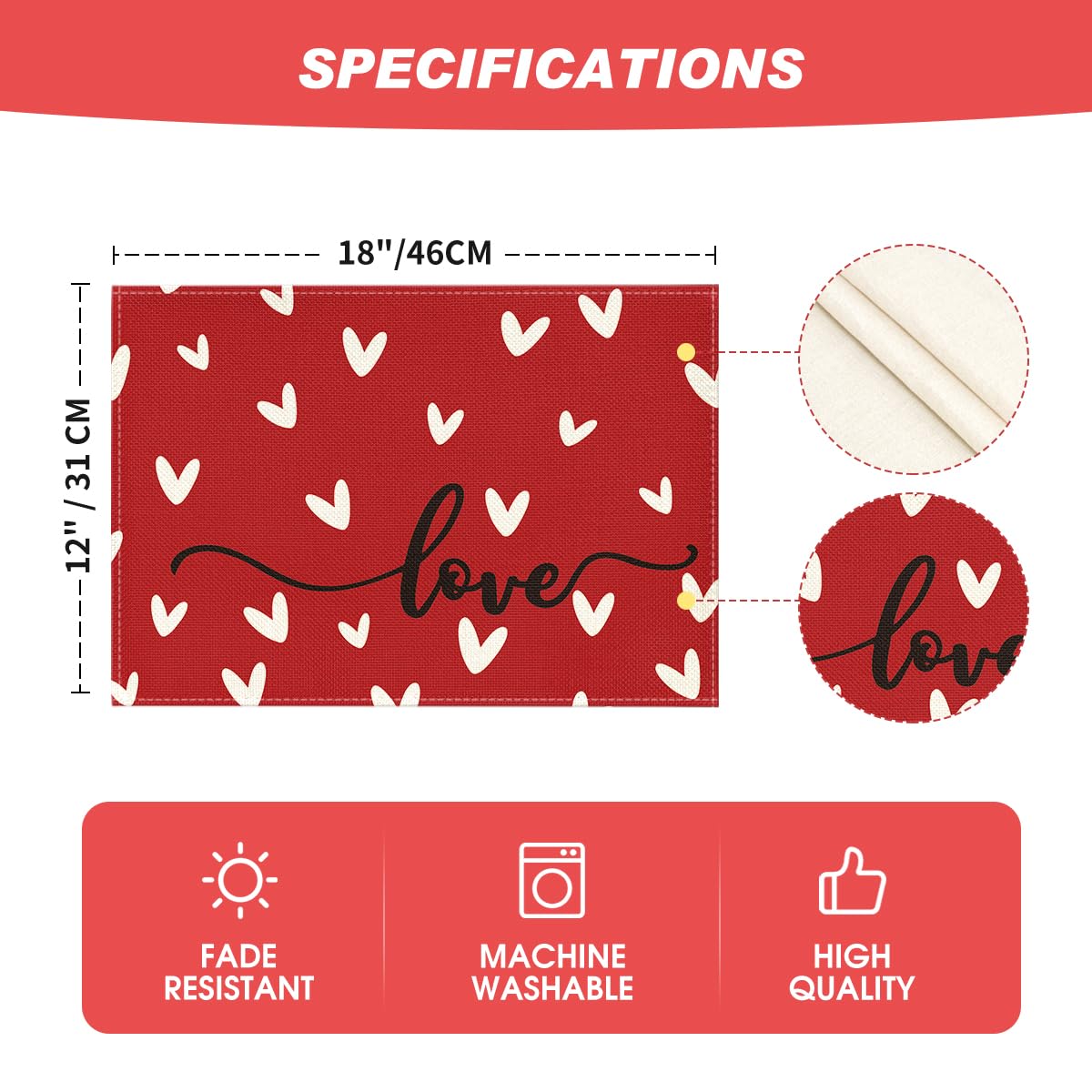 Artoid Mode Red Love Valentine's Day Placemats Set of 4, 12x18 Inch Seasonal Anniversary Holiday Table Mats for Party Kitchen Dining Decoration