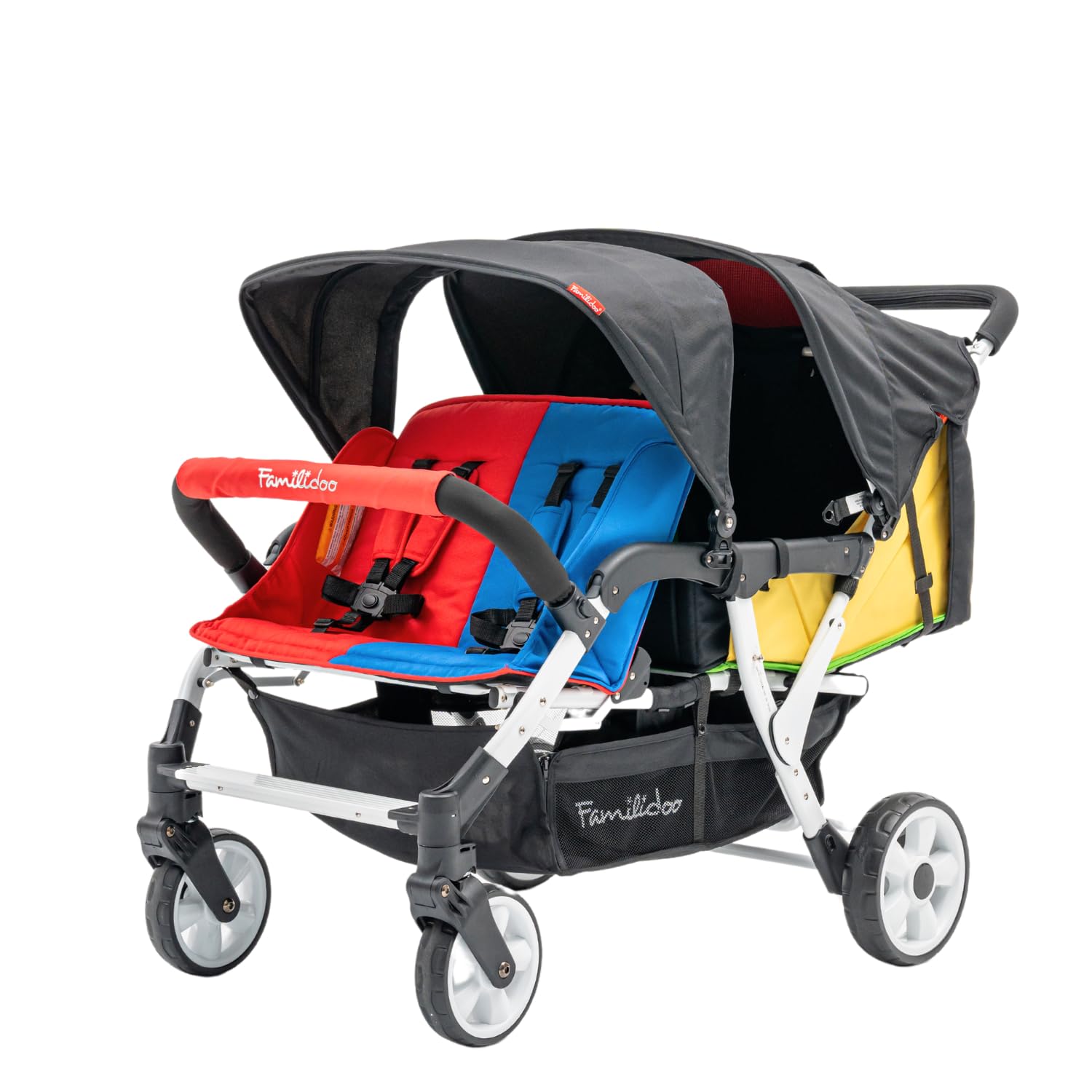 Familidoo H4E Quad Stroller with Double Canopy Rain Cover, 4 Seat Baby Stroller with All Reclining Seats - 4 Seater Stroller with 5-Point Harness - Backseat footrest Extension for 0 to 36 Months