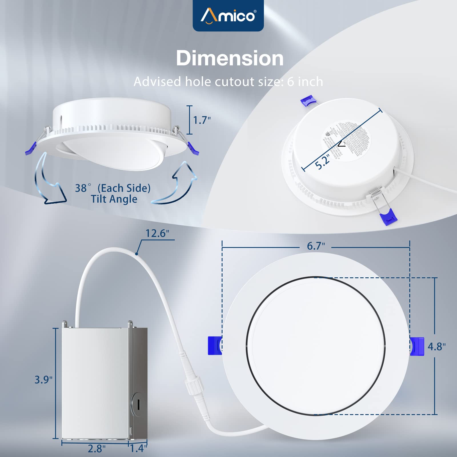 Amico 12 Pack 6 Inch 5CCT Gimbal LED Recessed Lighting, Directional Adjustable Ceiling Downlight, Angled Dimmable Canless Light with Jbox, 2700K-5000K Selectable, 15W=100W 1100LM, ETL&FCC