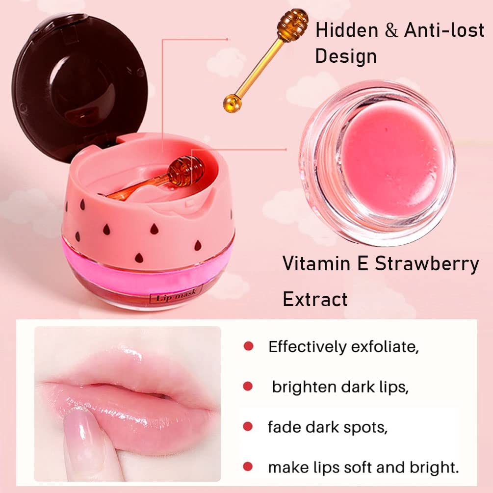 Bee Lip Balm Honey Pot, 2 PCS Strawberry & Honey Hydrating Prevention Dry and Cracked Lip Scrubs Exfoliator, Propolis Moisturizing Lip Sleep Mask Reduces Lip Lines, Lip Exfoliating Honey Bee Lip Mask