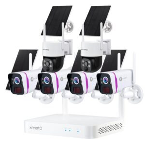 xmarto 2k hd wire-free solar home security camera system wireless, 6-camera set with 4 bullet cameras & 2 starlight night color ptz solar cameras