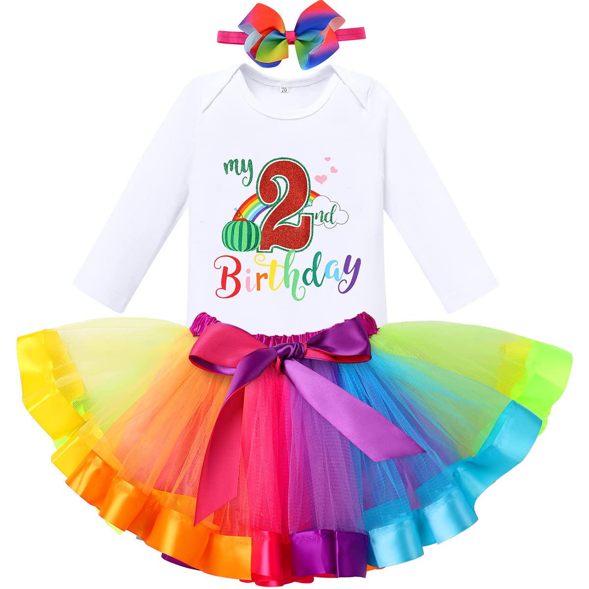 Watermelon 2nd Birthday Outfit for Baby Girls Long Sleeve Romper Rainbow Tutu Skirt Bow Headband Winter Fall Clothes Set for 2 Year Old Cake Smash Photo Prop Rainbow 2nd Birthday - Long Sleeve 2 Years