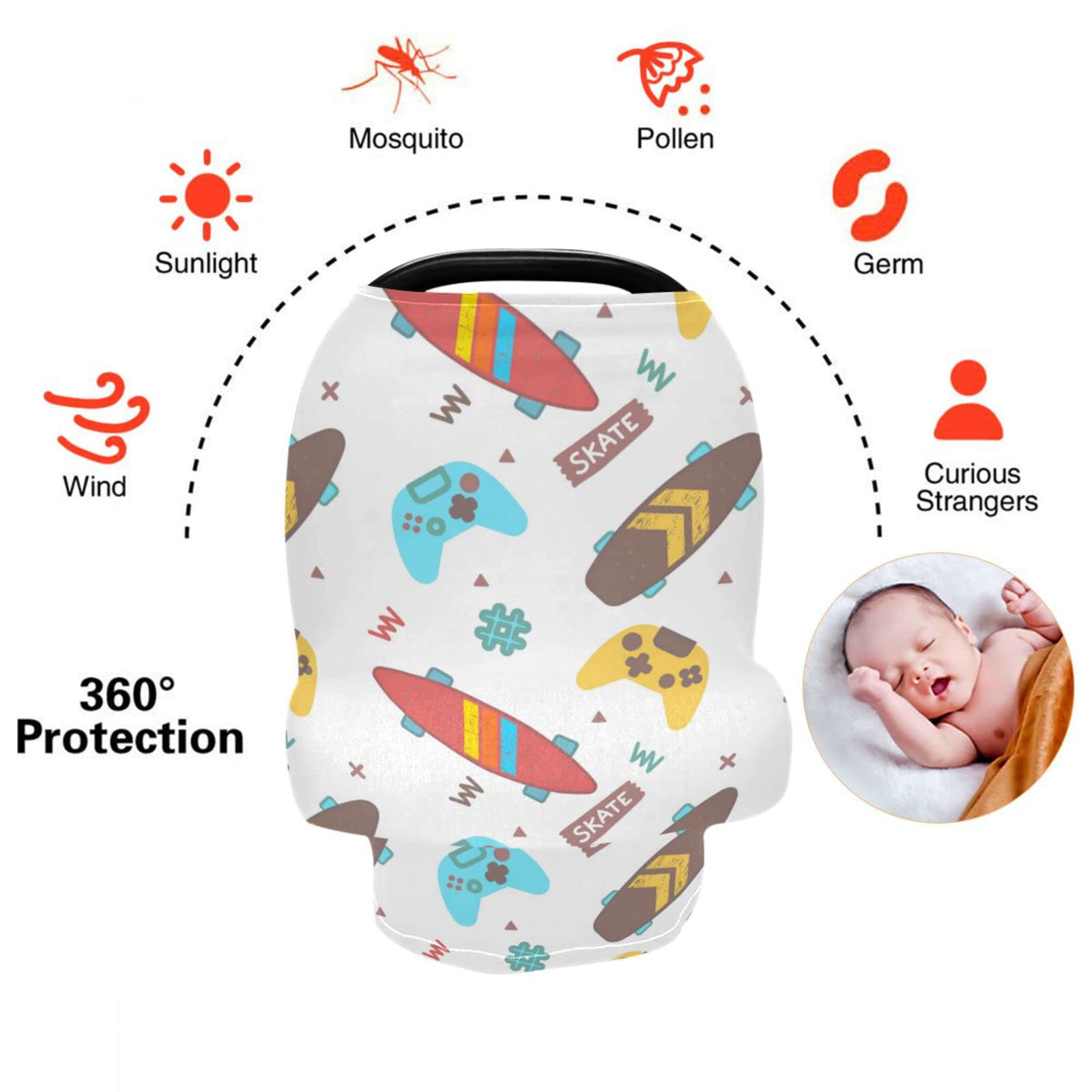 Soft Baby Car Seat Covers Gamepad and Skate Board Canopy for Infants Strollers Canopies for Newborns Babies Nursing Apron Cover for Breastfeeding