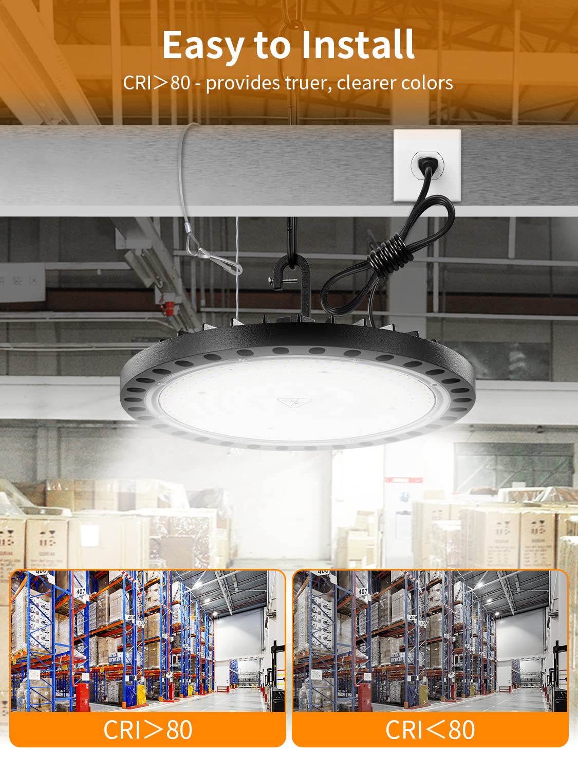 LED High Bay Light, 200W UFO LED High Bay Lights, 24000LM 5000K LED Shop Lights with US Plug 5' Cable Bay Lights, IP65 Warehouse Light, Area Light Bay Lighting for Shop Garage Warehouse Workshop(2)