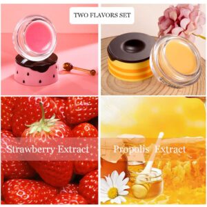 Bee Lip Balm Honey Pot, 2 PCS Strawberry & Honey Hydrating Prevention Dry and Cracked Lip Scrubs Exfoliator, Propolis Moisturizing Lip Sleep Mask Reduces Lip Lines, Lip Exfoliating Honey Bee Lip Mask