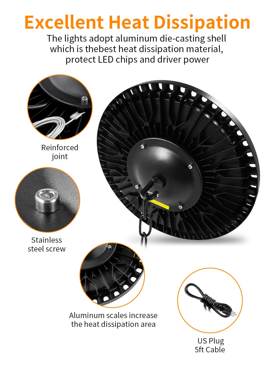 LED High Bay Light, 200W UFO LED High Bay Lights, 24000LM 5000K LED Shop Lights with US Plug 5' Cable Bay Lights, IP65 Warehouse Light, Area Light Bay Lighting for Shop Garage Warehouse Workshop(2)