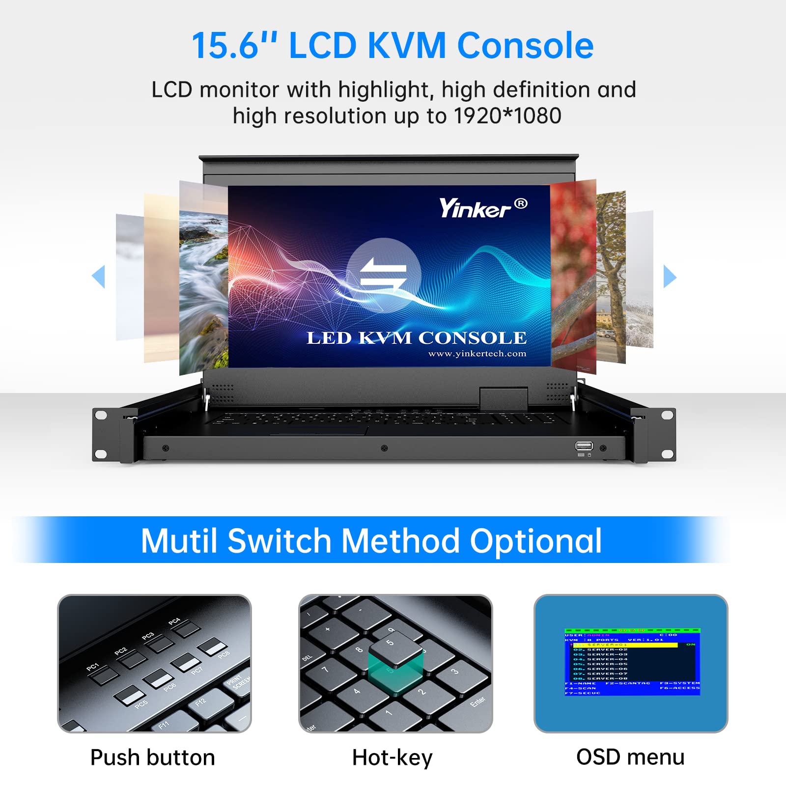 8 Port Rack Mount LCD KVM Console, Yinker VGA KVM Switch with 15.6 inch LCD Monitor, Fit 1U 19" Rack 600mm-deep Network Server Cabinet w/Keyboard Touchpad Drawer KVM Cables