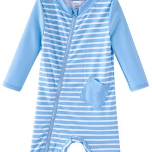 UMELOK Infant Swimwear Boy One Piece Full Zip with Long Sleeve UPF 50+ Sun Protection Swimsuit Sky Blue-Stripe,6M