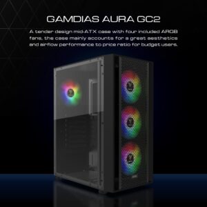 GAMDIAS ATX Mid Tower Gaming Computer PC Case with Side Tempered Glass, 4X 120mm ARGB Case Fans and Sync with 5V RGB Motherboard and Excellent Airflow