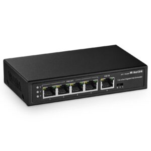 mokerlink 5 ports gigabit poe passthrough switch, 1 poe in 4 poe out poe repeater, ieee 802.3af/at extender, 100/1000mbps, wall mount, poe extender/injector/network extender three in one