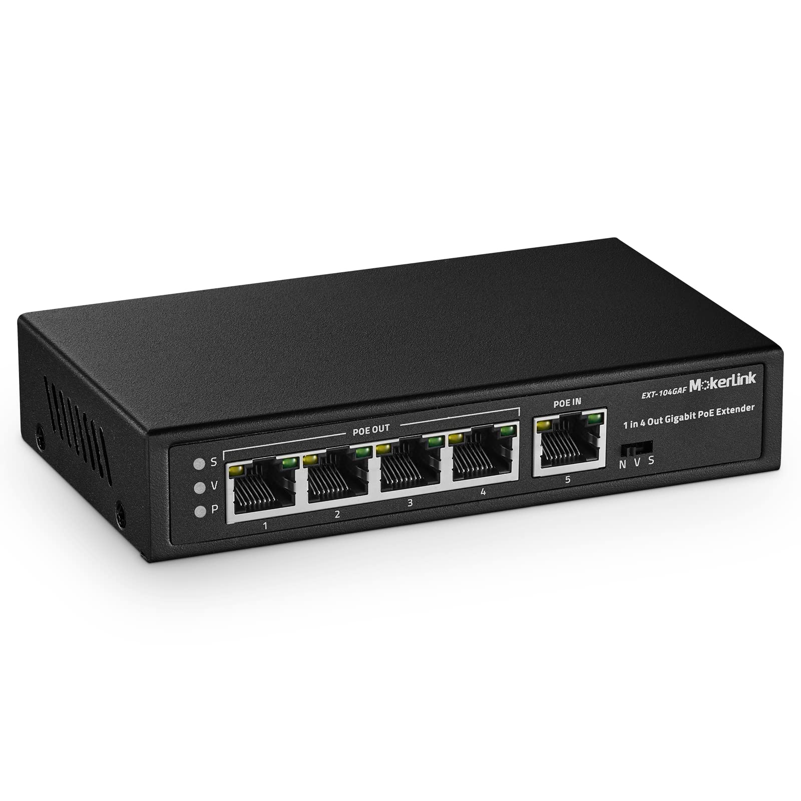 MokerLink 5 Ports Gigabit PoE Passthrough Switch, 1 PoE in 4 PoE Out PoE Repeater, IEEE 802.3af/at Extender, 100/1000Mbps, Wall Mount, PoE Extender/Injector/Network Extender Three in one