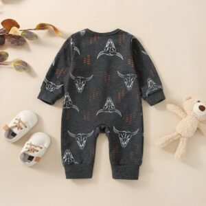 Omkzanbi Western Baby Boy Clothes Newborn Cowboy Jumpsuit Cow Printed Onesie Long Sleeve Bodysuit Fall Winter Outfit (Western Onesie Cow Printed, 0-3 Months)