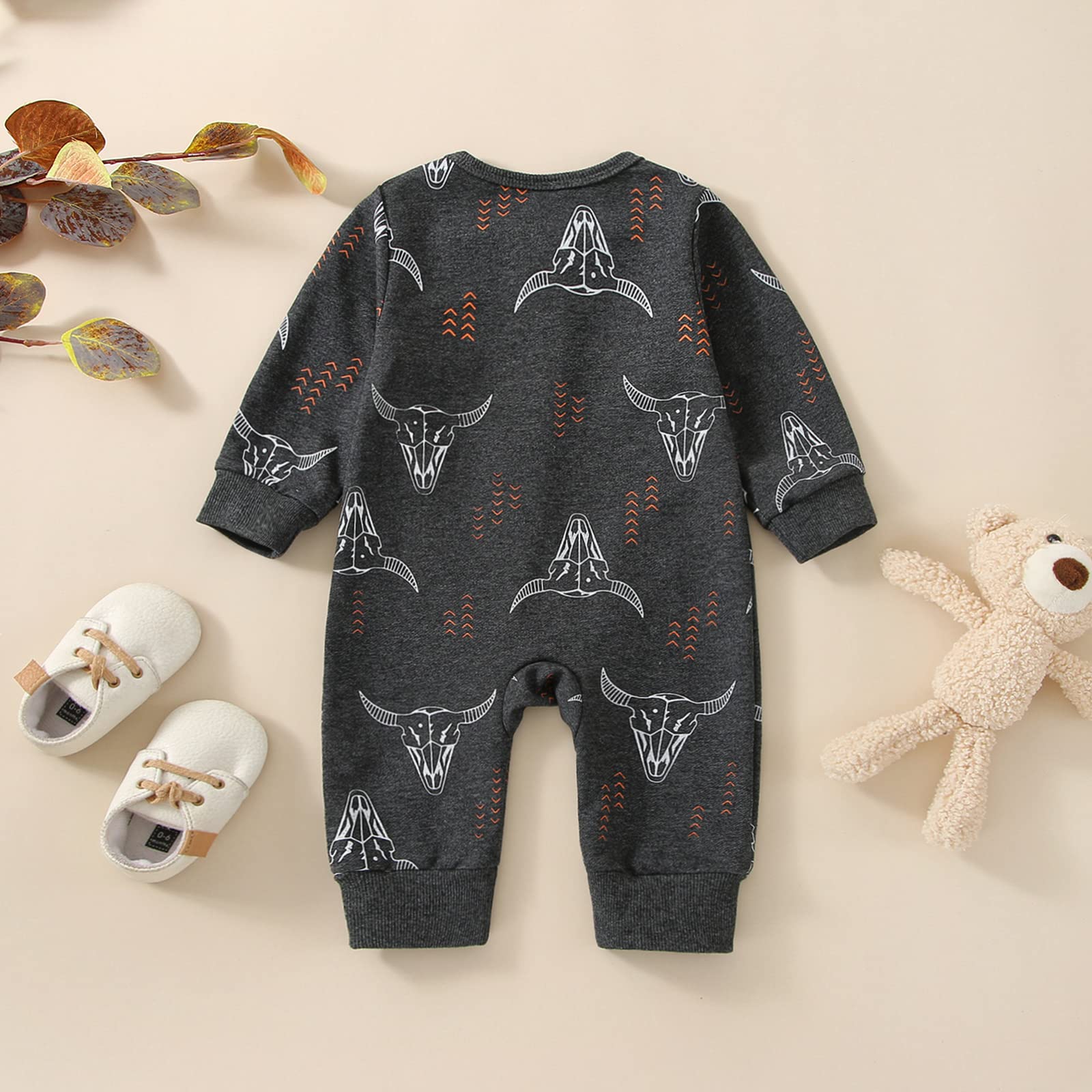 Omkzanbi Western Baby Boy Clothes Newborn Cowboy Jumpsuit Cow Printed Onesie Long Sleeve Bodysuit Fall Winter Outfit (Western Onesie Cow Printed, 0-3 Months)