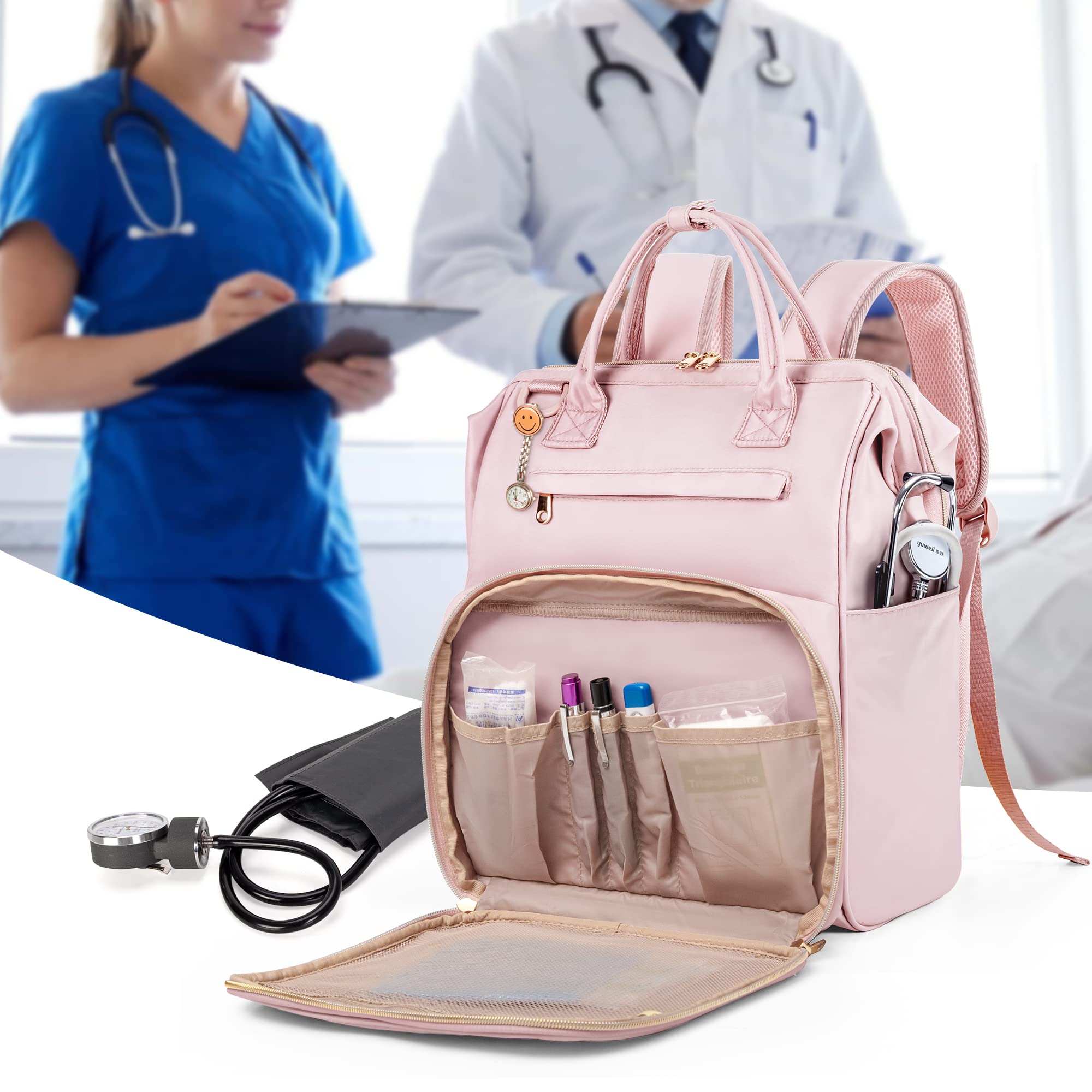 Fasrom Nurse Backpack with Padded Laptop Sleeve for Medical Supplies Storage, Nursing Clinical Work Bag for Women Nurses, Nursing Students, Health Professionals, Pink (Empty Bag Only)