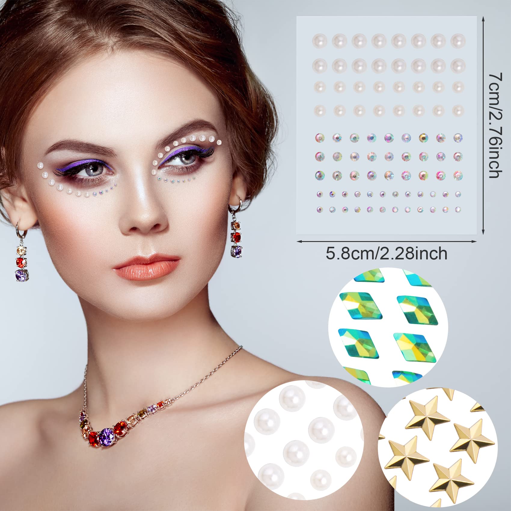 OIIKI 4 Sheets Star Face Eye Stickers, Star Jewelry Eye Body Sticker, Acrylic Crystal Face Gems, Festival Halloween Pearls Hearts Face Makeup Stickers, 4 Styles Rhinestone Tattoos for Women, Girls