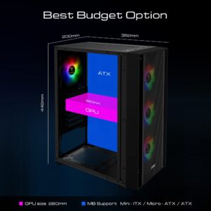 GAMDIAS ATX Mid Tower Gaming Computer PC Case with Side Tempered Glass, 4X 120mm ARGB Case Fans and Sync with 5V RGB Motherboard and Excellent Airflow