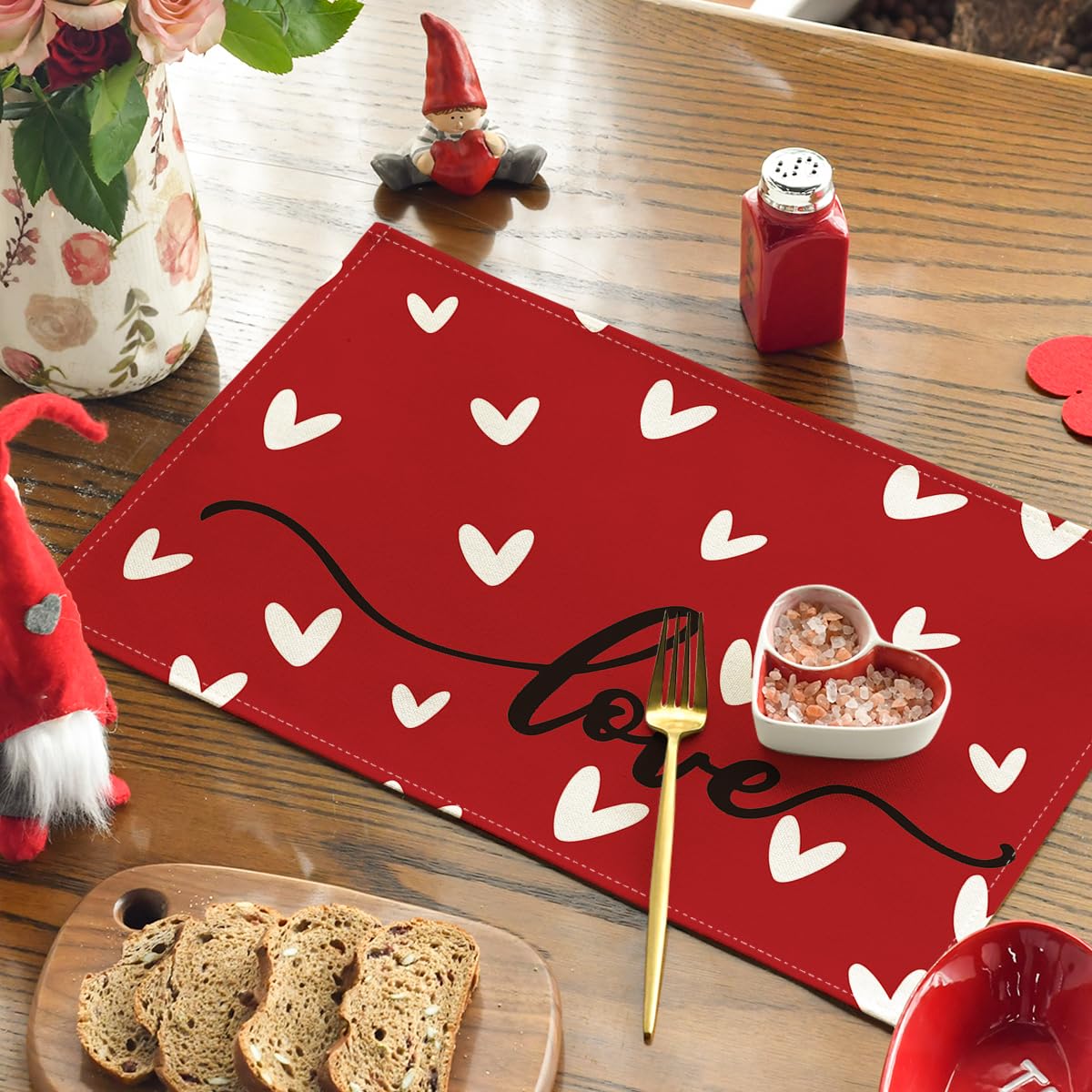 Artoid Mode Red Love Valentine's Day Placemats Set of 4, 12x18 Inch Seasonal Anniversary Holiday Table Mats for Party Kitchen Dining Decoration