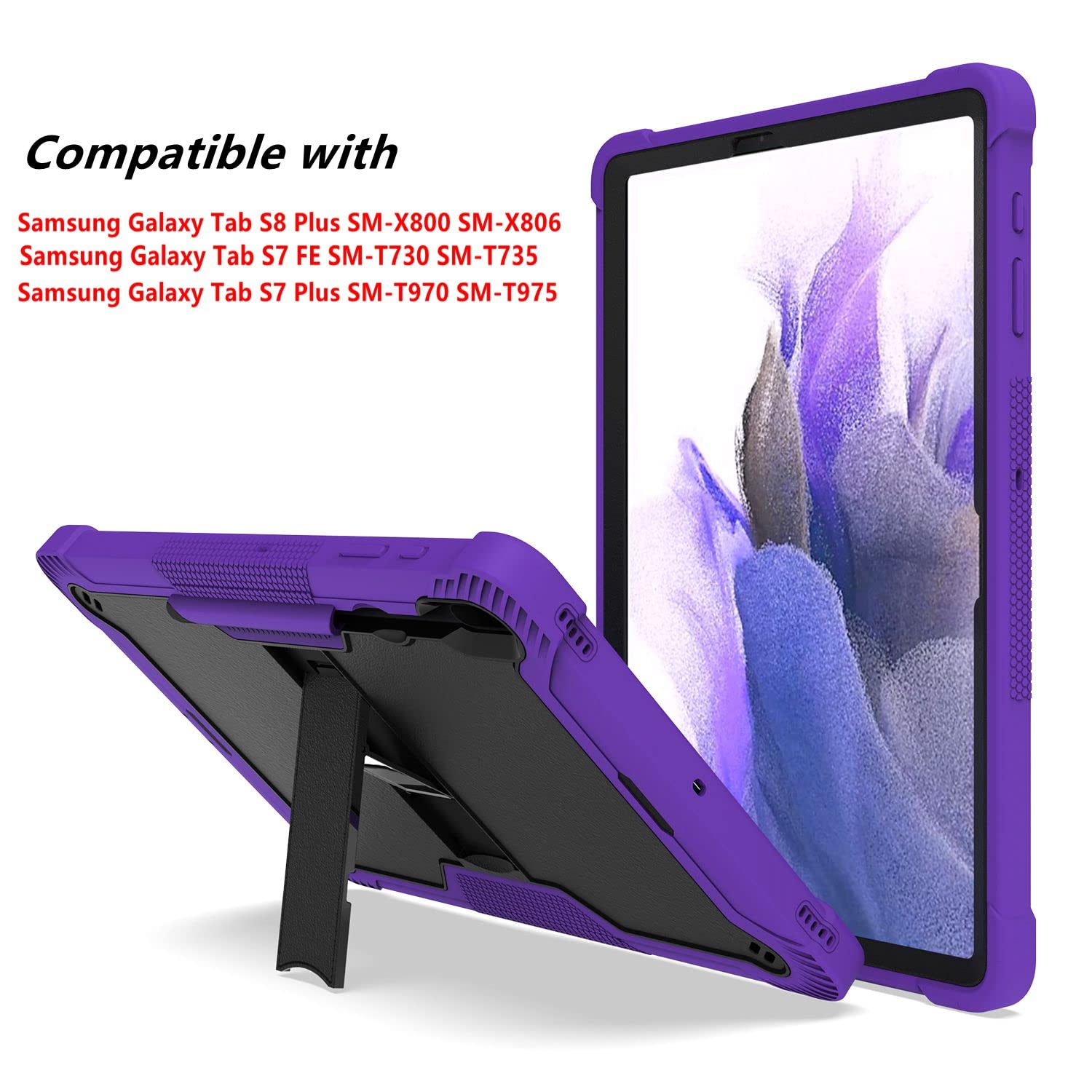 NKase for Samsung Galaxy Tab S8 Plus/S8+ SM-X800/X806 2022/Galaxy Tab S7 FE Case SM-T730/T735 2021/Tab S7 Plus 2020 12.4’’, Shockproof Galaxy Tab S8 Plus Case with S Pen Holder Kickstand, Purple