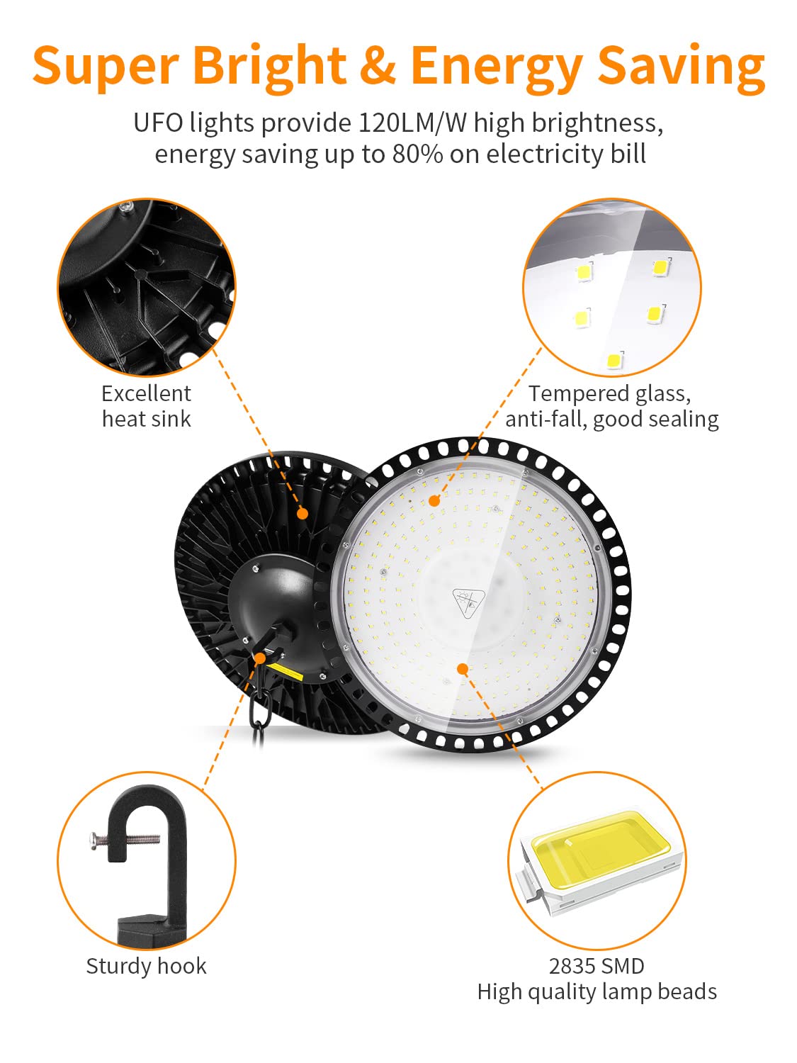 LED High Bay Light, 200W UFO LED High Bay Lights, 24000LM 5000K LED Shop Lights with US Plug 5' Cable Bay Lights, IP65 Warehouse Light, Area Light Bay Lighting for Shop Garage Warehouse Workshop(2)