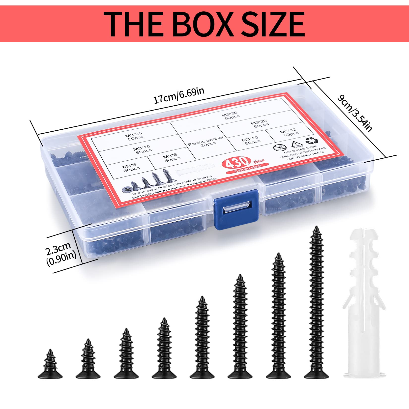 430 Pcs M3 Wood Screws Assortment Kit, Black Flat Head Self-Tapping Screws, Cross Drive Head Countersunk Head Screws Fasteners, Assorted Chipboard Cabinet Screws with 20 Plastic Wall Screw Anchors