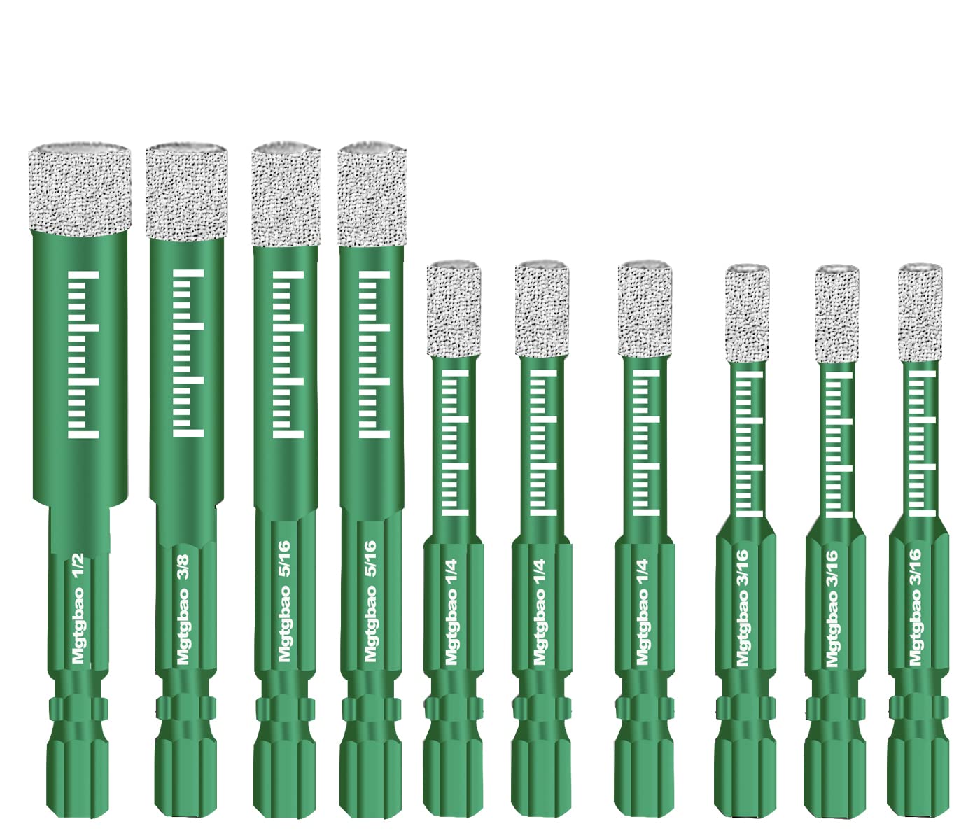 Mgtgbao 10PCS Green Dry Diamond Drill Bits Set, Core Drill bit for Granite Marble Tile Ceramic Stone Glass Diamond Hole Saw Kit with Size 3/16,1/4, 5/16, 3/8, 1/2