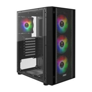 gamdias atx mid tower gaming computer pc case with side tempered glass, 4x 120mm argb case fans and sync with 5v rgb motherboard and excellent airflow