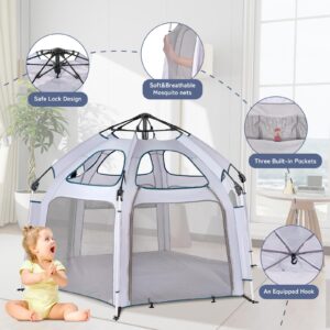 RUNBOW Baby Playpen - Indoor & Outdoor Playpen with Canopy, Portable Playpen for Babies and Toddlers-Baby Beach Tent,Foldable Travel Bag-Pop Up Pack and Play Yard(Grey)