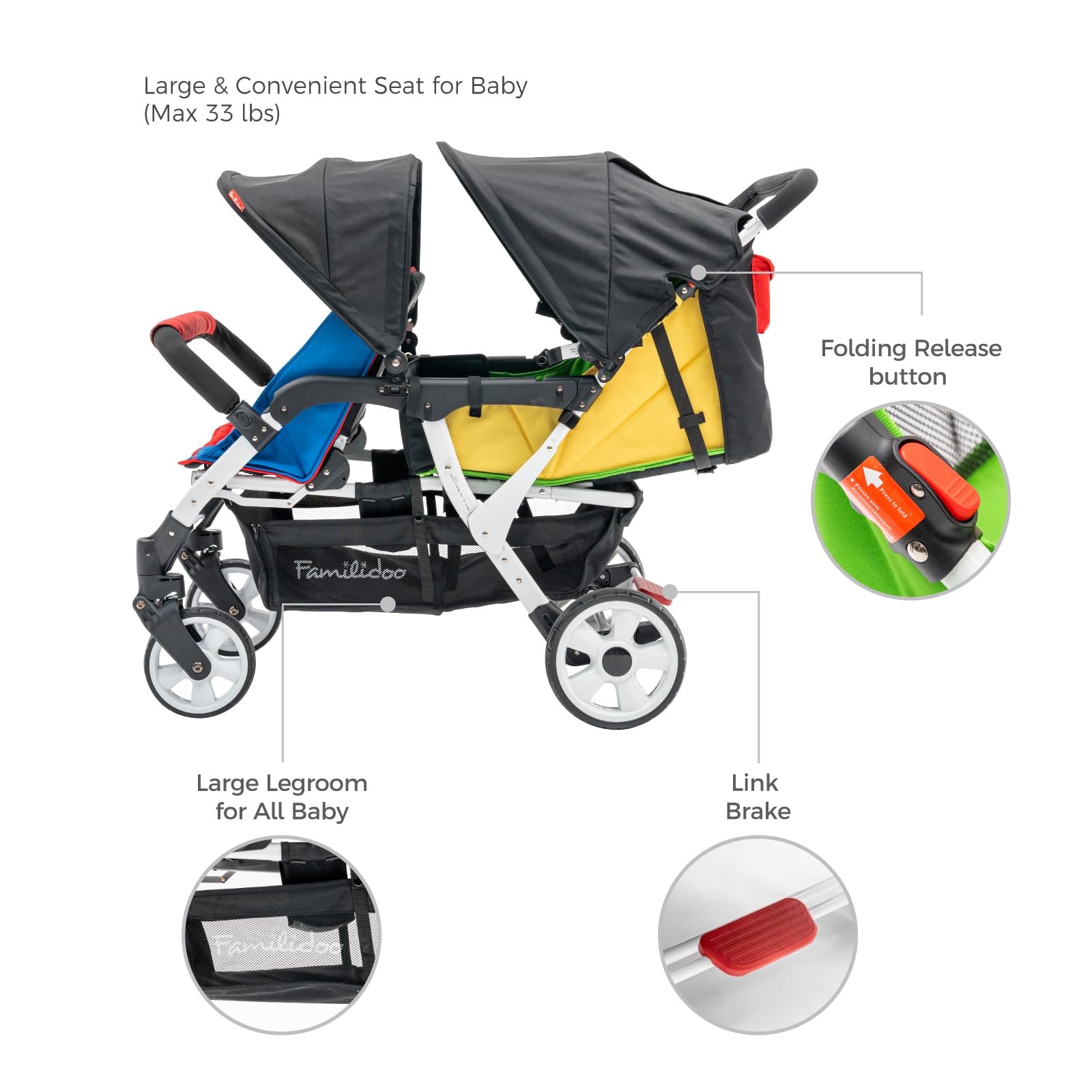 Familidoo H4E Quad Stroller with Double Canopy Rain Cover, 4 Seat Baby Stroller with All Reclining Seats - 4 Seater Stroller with 5-Point Harness - Backseat footrest Extension for 0 to 36 Months