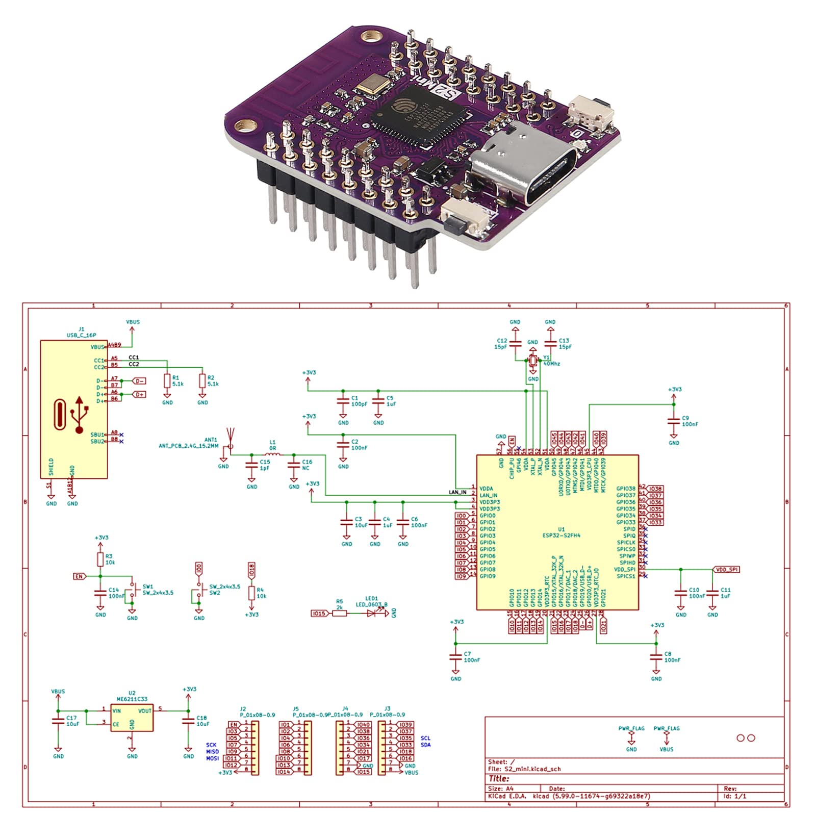 DIANN 2pcs ESP32 S2 Mini V1.0.0 WiFi IOT Board Based ESP32-S2FN4R2 ESP32-S2 4MB Flash 2MB PSRAM MicroPython Type-C USB