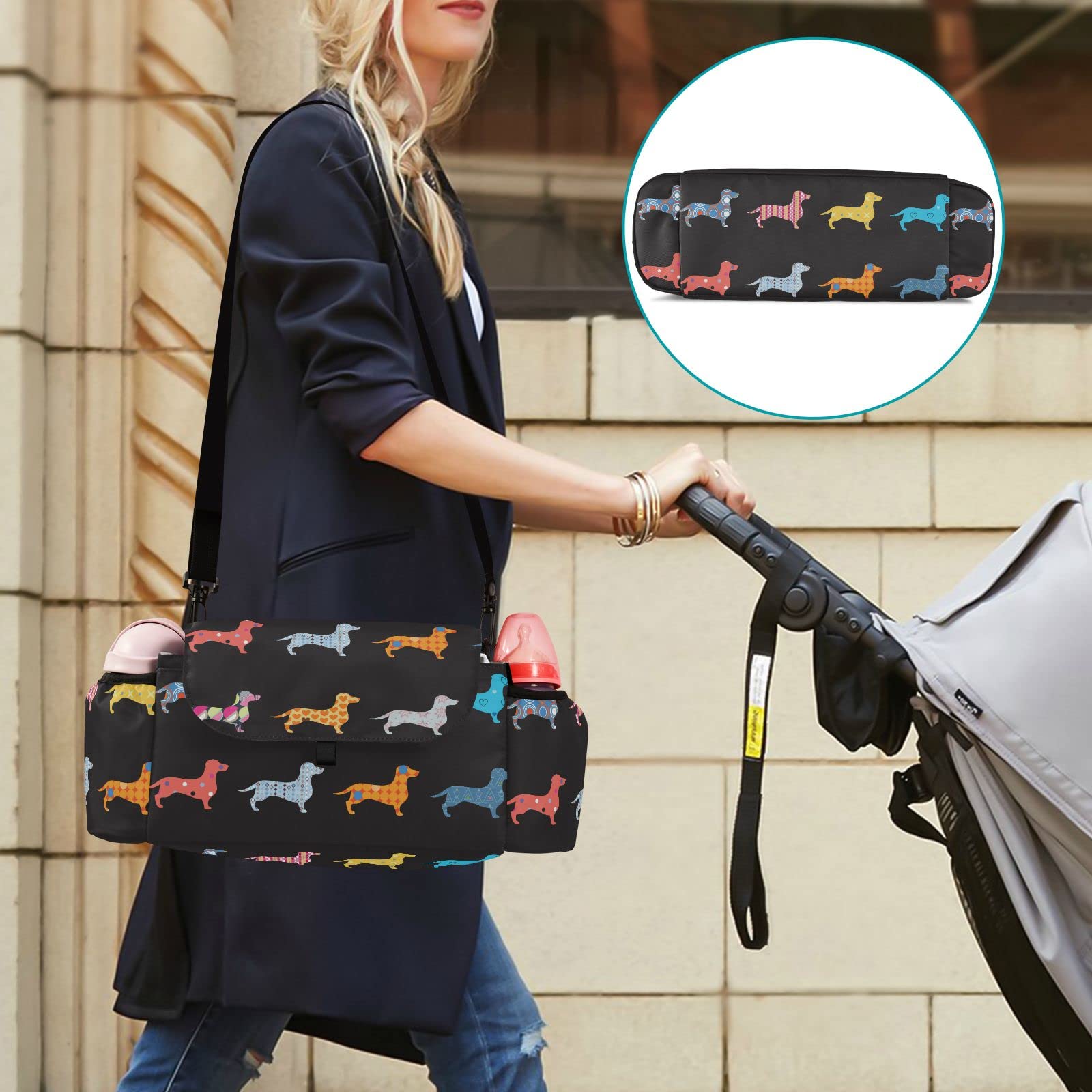 MCHIVER Dogs Dachshund Baby Stroller Organizer with Adjustable Straps Non-slip Stroller Caddy with Cup Holders Large Capacity Stroller Bag for Diaper Toys Storage