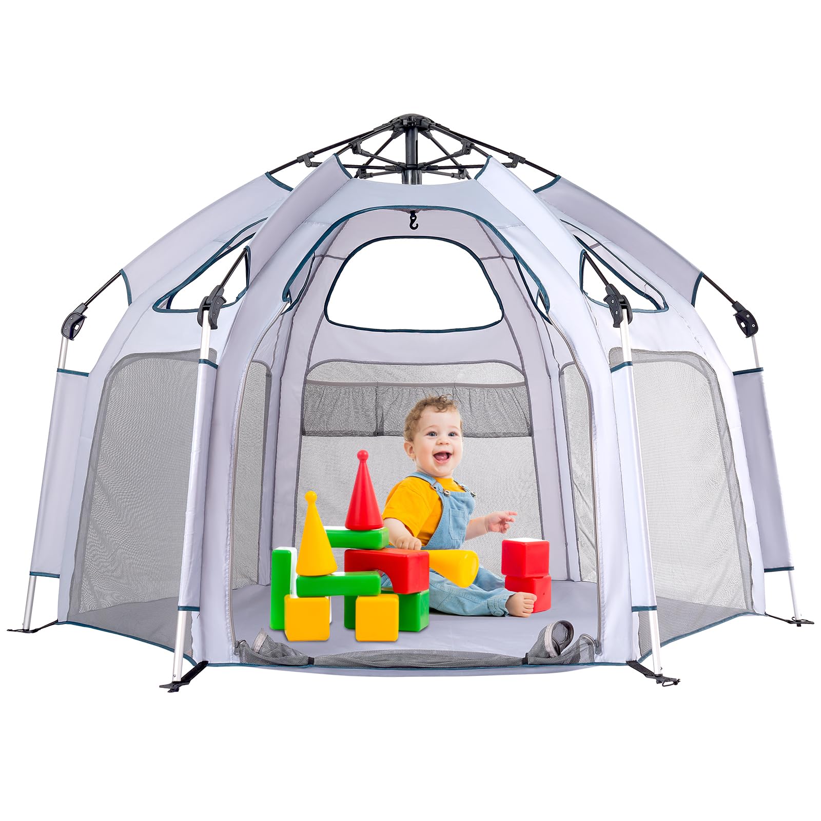 RUNBOW Baby Playpen - Indoor & Outdoor Playpen with Canopy, Portable Playpen for Babies and Toddlers-Baby Beach Tent,Foldable Travel Bag-Pop Up Pack and Play Yard(Grey)