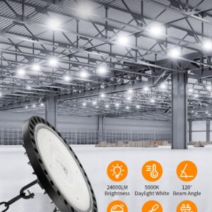 LED High Bay Light, 200W UFO LED High Bay Lights, 24000LM 5000K LED Shop Lights with US Plug 5' Cable Bay Lights, IP65 Warehouse Light, Area Light Bay Lighting for Shop Garage Warehouse Workshop(2)