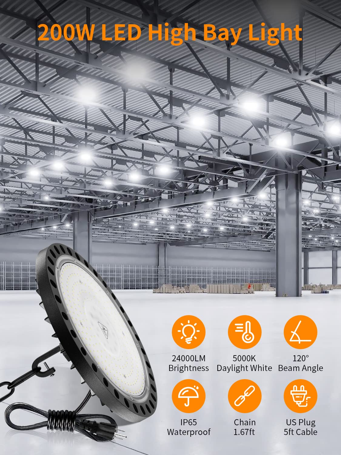 LED High Bay Light, 200W UFO LED High Bay Lights, 24000LM 5000K LED Shop Lights with US Plug 5' Cable Bay Lights, IP65 Warehouse Light, Area Light Bay Lighting for Shop Garage Warehouse Workshop(2)