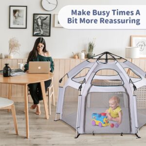 RUNBOW Baby Playpen - Indoor & Outdoor Playpen with Canopy, Portable Playpen for Babies and Toddlers-Baby Beach Tent,Foldable Travel Bag-Pop Up Pack and Play Yard(Grey)